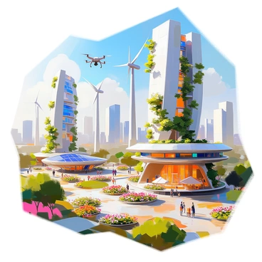 A sprawling futuristic cityscape featuring sleek, modern skyscrapers made of glass and steel, interwoven with lush greenery across balconies and rooftops. Wind turbines tower above the buildings, with solar panels integrated seamlessly into the architecture. Vines and trees cascade down building sides, creating a vibrant contrast against the urban environment. Pathways lined with colorful flowers meander through parks filled with people enjoying the outdoors, and drones zip above, monitoring the renewable energy systems. The sky is bright blue, and sunlight casts warm tones across the scene, highlighting the blend of nature and technology.