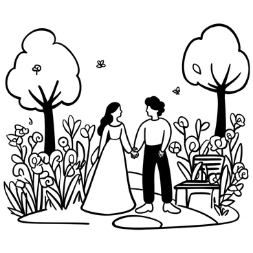 Juliet and Romeo standing in a lush garden surrounded by a variety of blooming flowers, including roses and lilies. Juliet is wearing a flowing dress, while Romeo is dressed in an elegant outfit. They are positioned near a stone pathway that winds through the garden, with butterflies fluttering around. The scene includes tall trees providing shade and a gentle breeze causing the flowers to sway lightly. A wrought iron bench is situated nearby, partially hidden by the vibrant foliage.