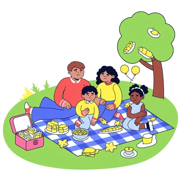 A family sitting on a checkered picnic blanket in a lush green field. The family consists of four members: a father with short brown hair, a mother with long black hair, a young boy with curly hair, and a girl with braids. Surrounding them are various butter-themed snacks, including buttered corn on the cob, butter cookies shaped like flowers, and a bowl of butter popcorn. There are yellow and white decorations, such as balloons and paper lanterns, tied to a nearby tree. A picnic basket is open, revealing more snacks and a small butter cake.