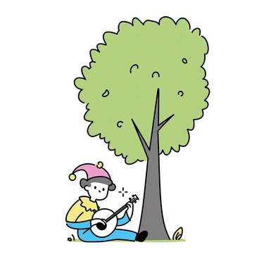A solitary jester with a colorful outfit, including a red and yellow hat, is sitting on the ground under a large green tree. He holds a lute in his hands and is strumming its strings. The tree has a thick trunk and a lush canopy of leaves providing shade. The ground is covered in soft grass and a few fallen leaves. Sunlight filters through the branches, creating patterns on the ground around him.