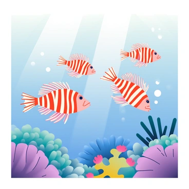 A small school of lionfish is swimming together in unison through a vibrant coral reef. The lionfish have striking elongated fins with red and white stripes, and their intricate patterns are clearly visible as they glide gracefully through the water. Surrounding them is a variety of colorful coral formations, including purple and blue corals that provide a stunning backdrop to the scene. Bubbles rise from the ocean floor, adding a sense of movement, while beams of sunlight filter down through the water, illuminating the lionfish and the coral around them. The overall composition captures the beauty and elegance of these marine creatures in their natural habitat.