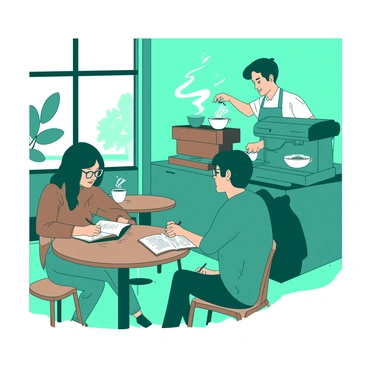A teal cozy cafe setting features a barista with dark hair, wearing an apron, skillfully making coffee behind the counter. The barista is pouring steaming coffee from a brown espresso machine into a white cup. In the foreground, there are several wooden tables, each occupied by customers. One customer, a woman with glasses, is sitting by the window engrossed in a book, while a man at another table is writing in a notebook. Sunlight filters through the window, casting soft shadows across the wooden floor, creating a warm ambiance in the cafe.