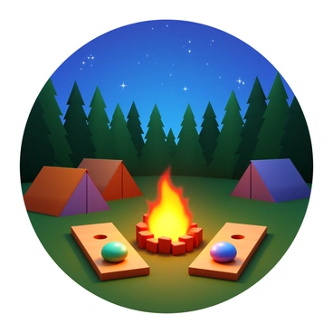 A cornhole game setup with two wooden boards and colorful bean bags placed on the ground near a campfire. The campfire is crackling with bright orange flames, illuminating the surrounding area. In the background, there are several tents pitched among tall trees in a dense forest. The night sky is filled with twinkling stars, casting a soft glow over the scene.