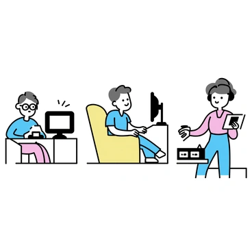 A simple drawing featuring three distinct sections representing different generations. The first section shows an elderly person, wearing glasses, sitting in a vintage armchair, with a rotary phone beside them and a black-and-white television in the background. The second section depicts a middle-aged person, casually dressed, standing next to a computer with a bulky monitor and a cassette player on a nearby shelf. The last section portrays a young adult, wearing headphones, holding a smartphone with a sleek tablet on a modern desk in front of them. Each character is positioned in their respective section, highlighting their interaction with the technology of their time.