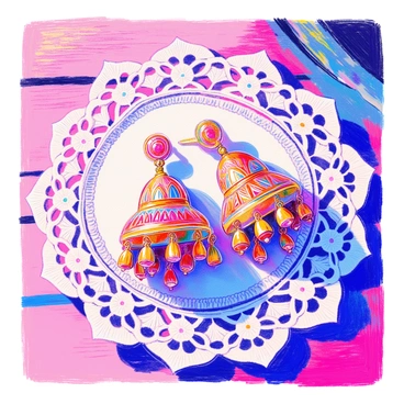 A set of vintage jhumka earrings on a lace doily, reflecting a bygone era.