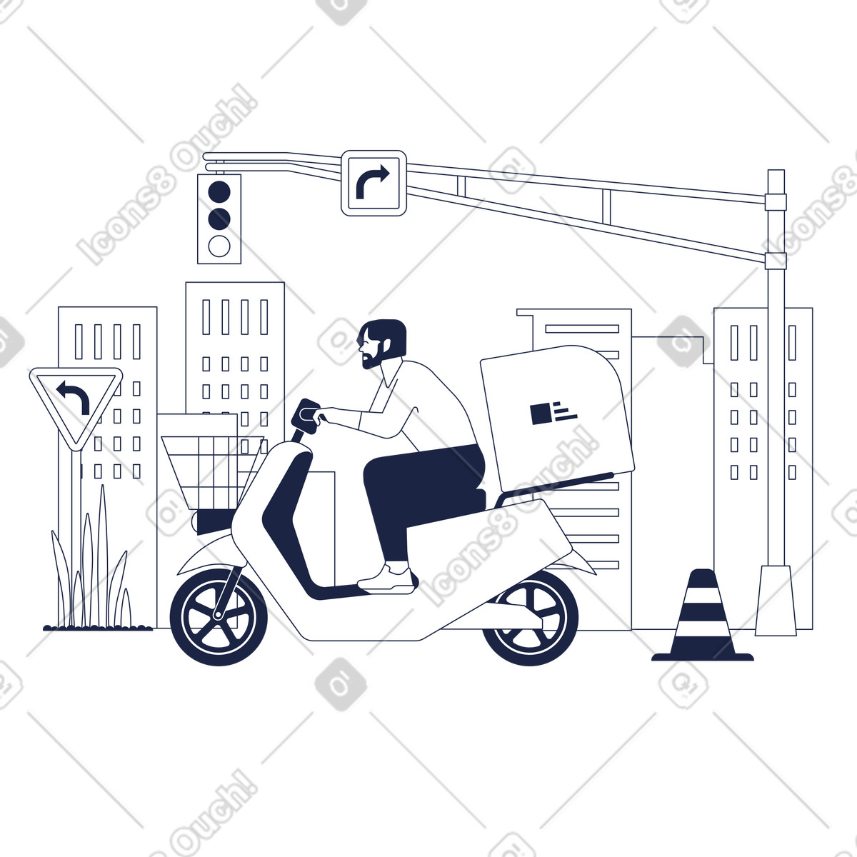 Illustration Livreur à vélomoteur dans la ville le style Urban Line télécharger aux formats PNG, SVG