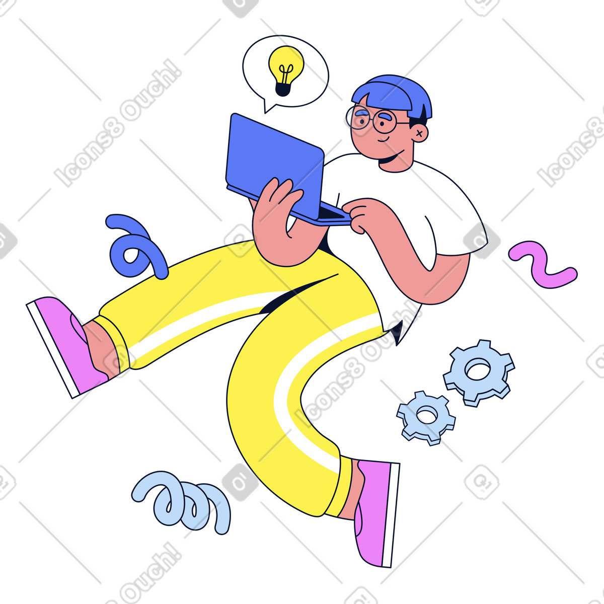 Ilustração animada de Working on laptop with lightbulb icon, Problem-solving or brainstorming em no estilo Flexy para baixar em GIF, Lottie (JSON), AE