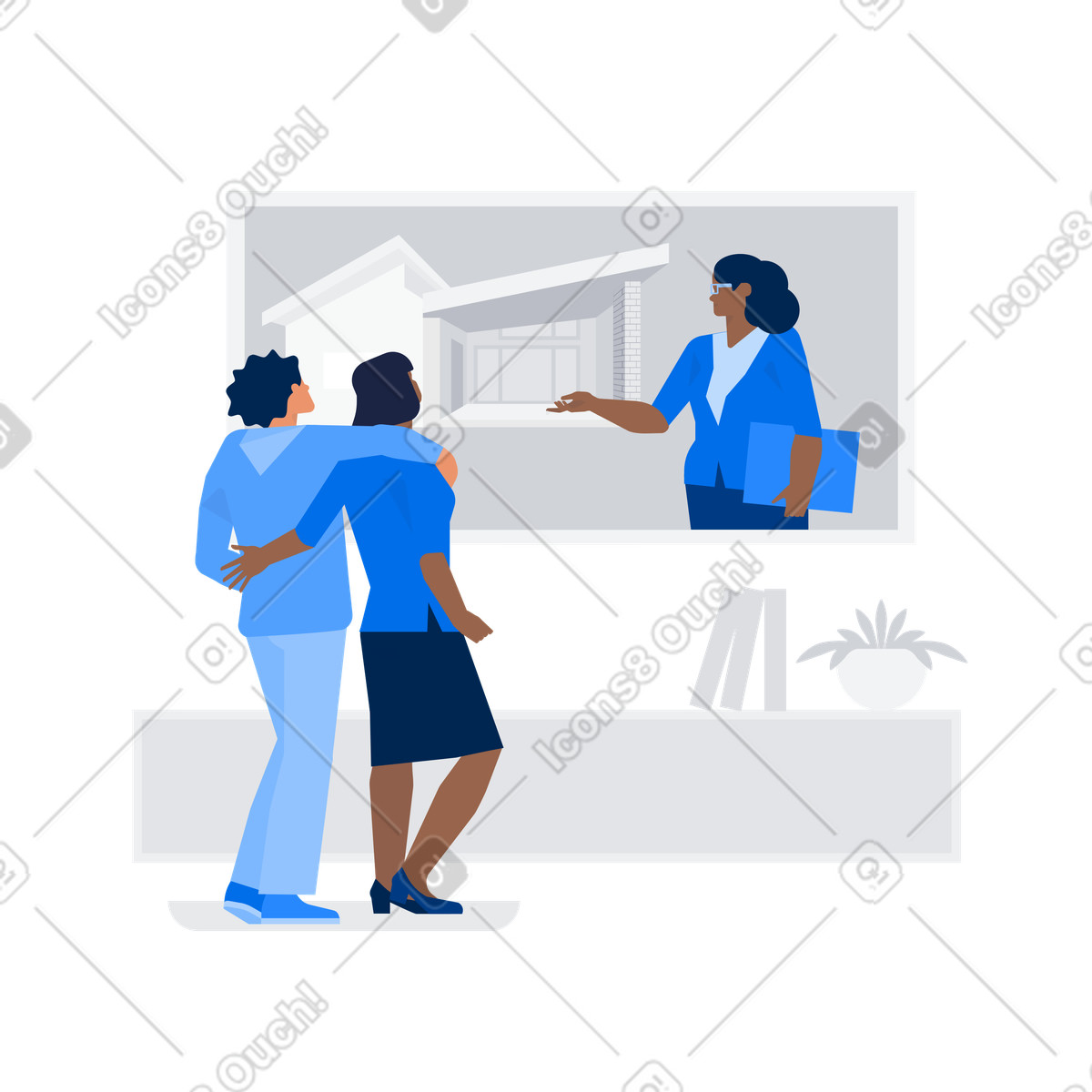 Ilustración Online meeting with real estate broker, Virtual property tour for mortgages en estilo Urban a descargar en PNG y SVG