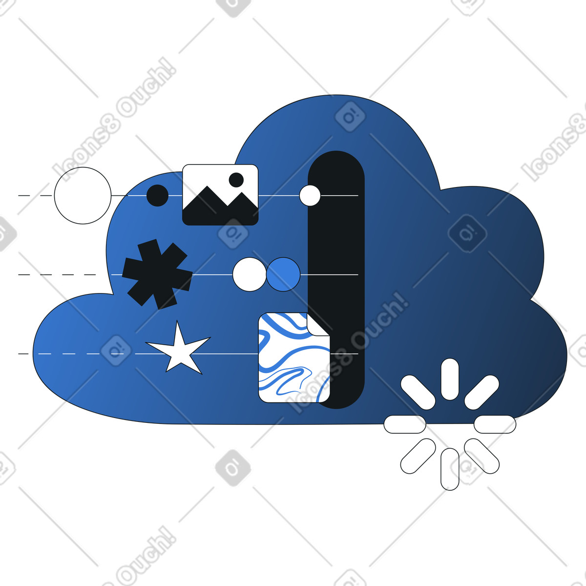 Illustration Conteneurs cloud et routage des données, livraison d'actifs numériques dans un système cloud, déploiement avec flux de processus modulaire le style Midnight à télécharger aux formats PNG, SVG