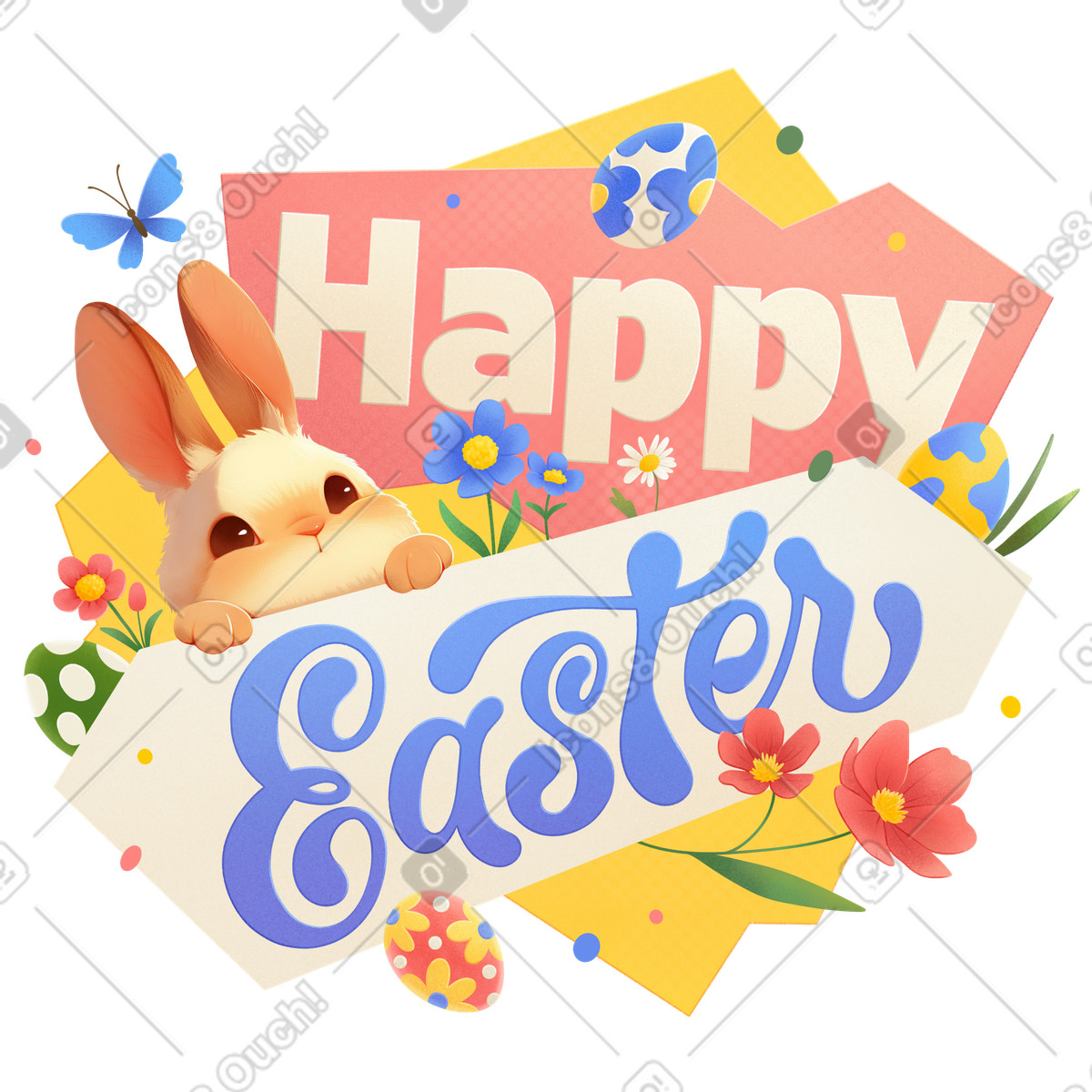 Lettering happy easter illustration featuring a bunny, eggs, and flowers clipart in PNG
