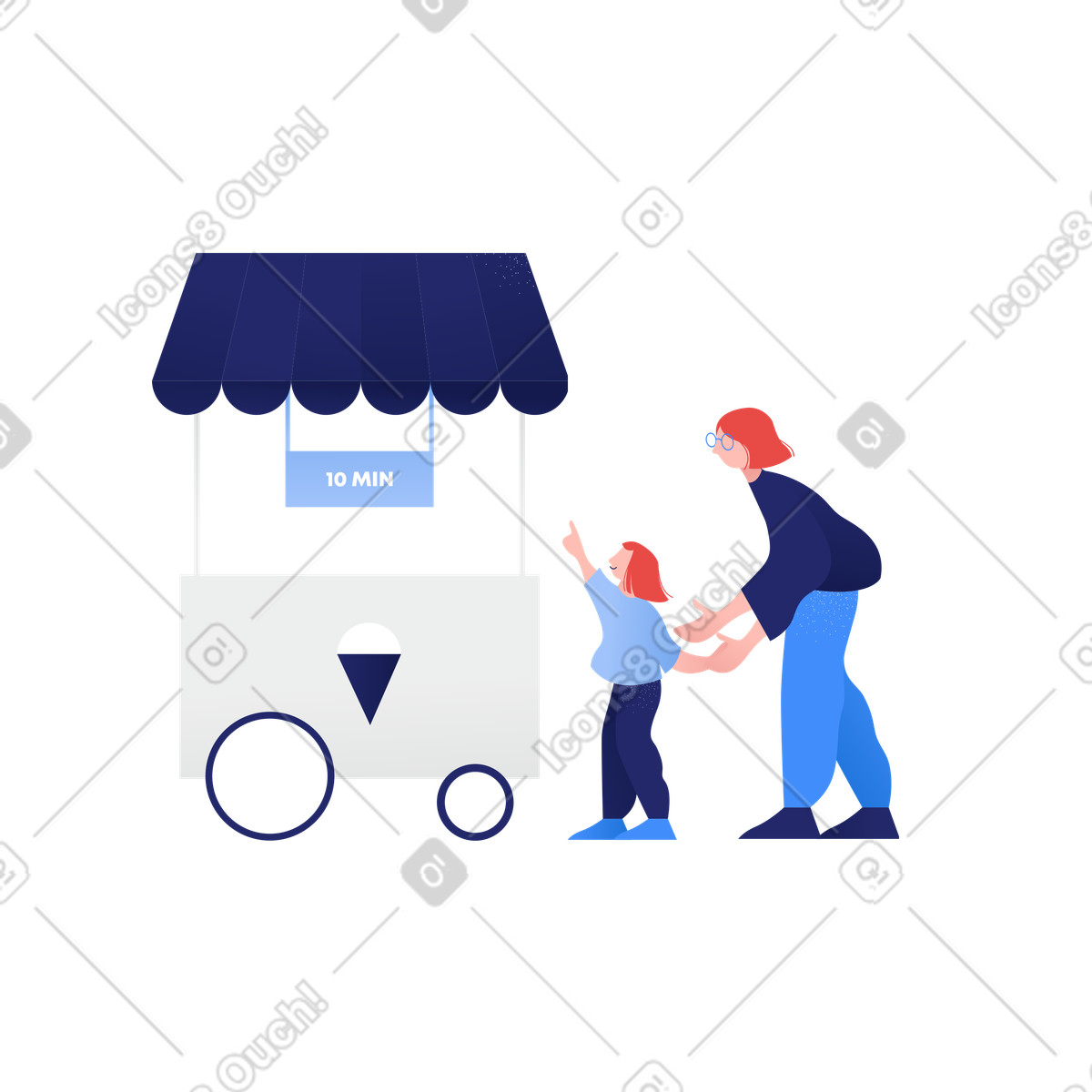 Family waiting at closed ice cream cart, period or come back later illustrazione in stile Clip scarica in PNG, SVG