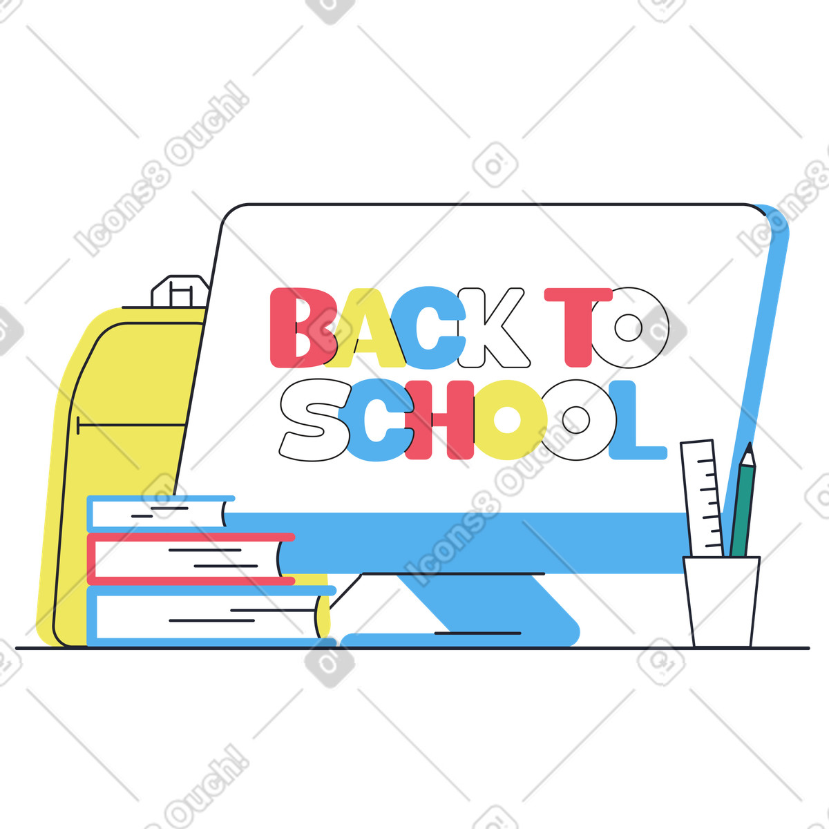 Ilustração de Computer monitor with Back to school colorful lettering and supplies, Student learning education em no estilo Boba para baixar em PNG, SVG