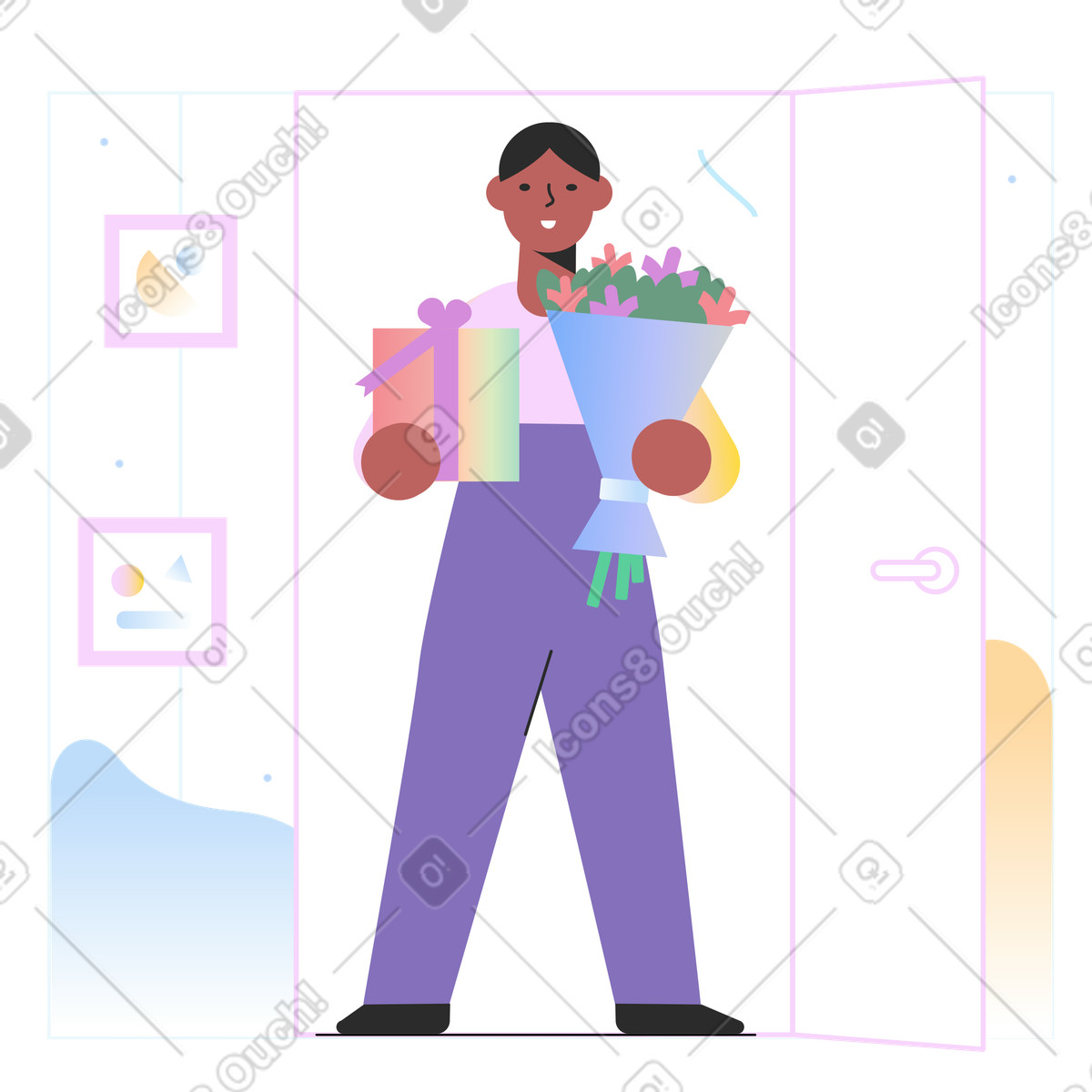Ragazzo in piedi nella porta aperta con presente e fiori illustrazione stile Marginalia scarica PNG, SVG