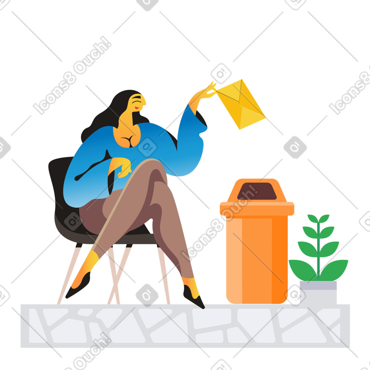 Illustration Femme jetant une lettre dans la poubelle le style Jaconda à télécharger aux formats PNG, SVG