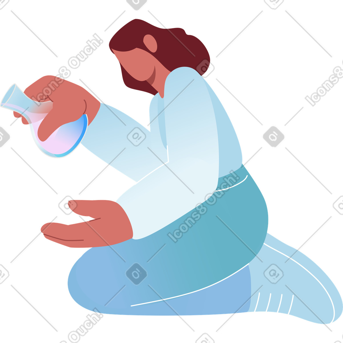 Ilustração de Mulher sentada joelhos com um frasco vidro na mão em no estilo Airy para baixar em PNG, SVG