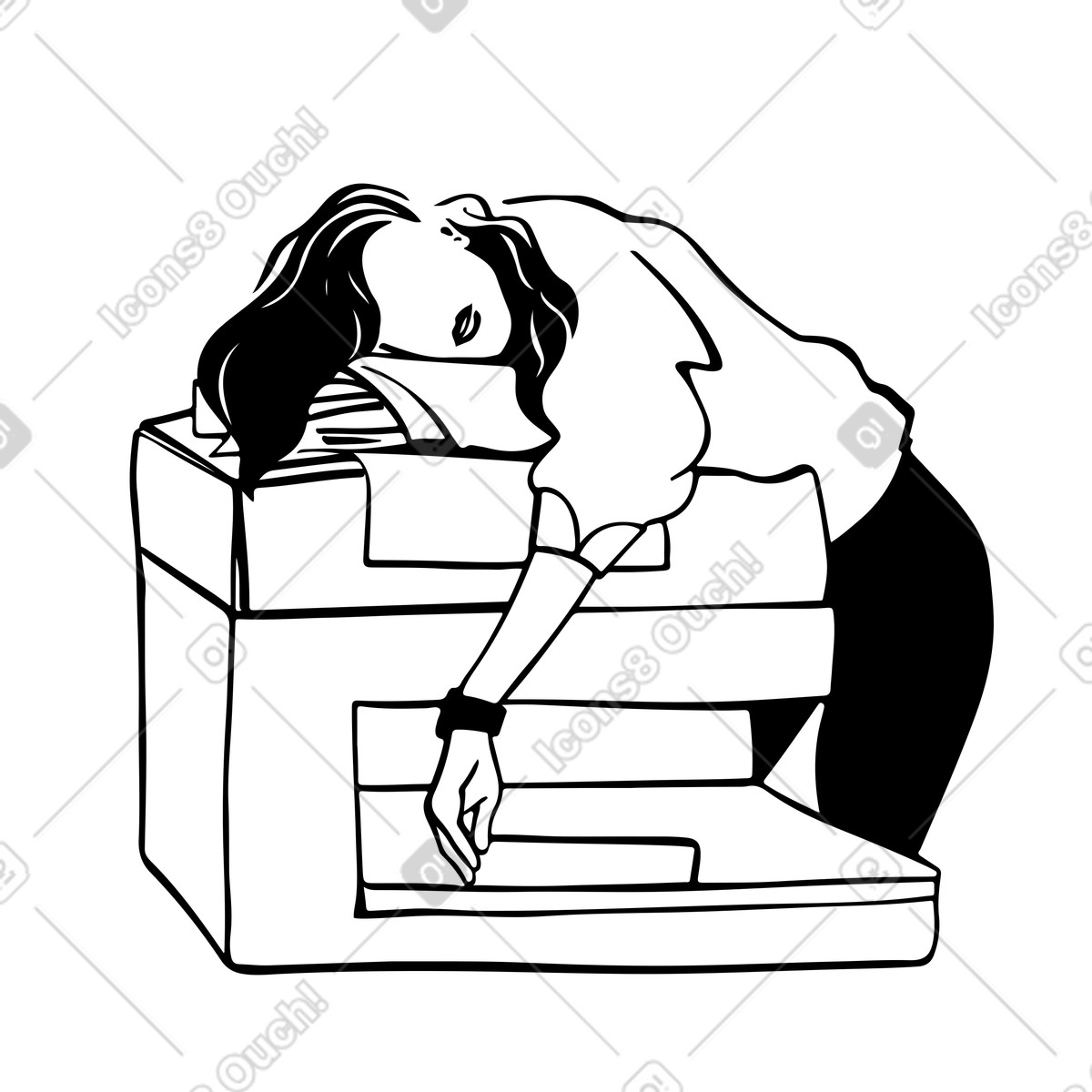 Illustration Femme fatiguée qui dort sur une imprimante dans le style Line à télécharger aux formats PNG, SVG
