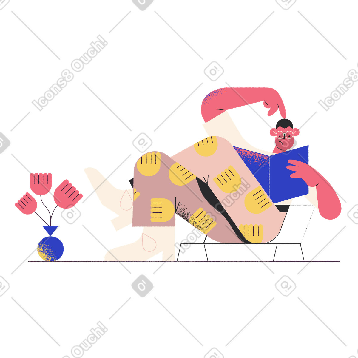 Bookworm sitting with a book, Home reading and leisure illustration in Pablo style download in PNG, SVG