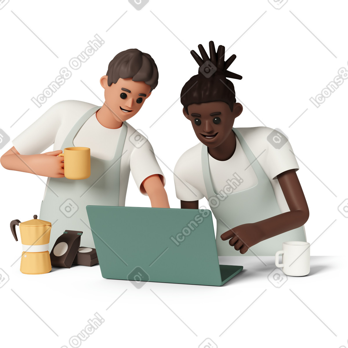 下载 3D Casual life 风格的 Baristas using laptop 插画，支持 PNG、SVG 格式