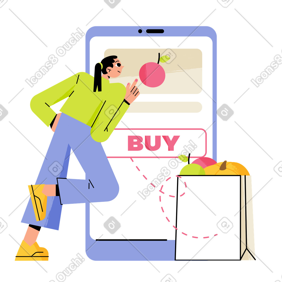 Online grocery shopping on mobile app, E-commerce for groceries illustration in Juicy style download in PNG, SVG