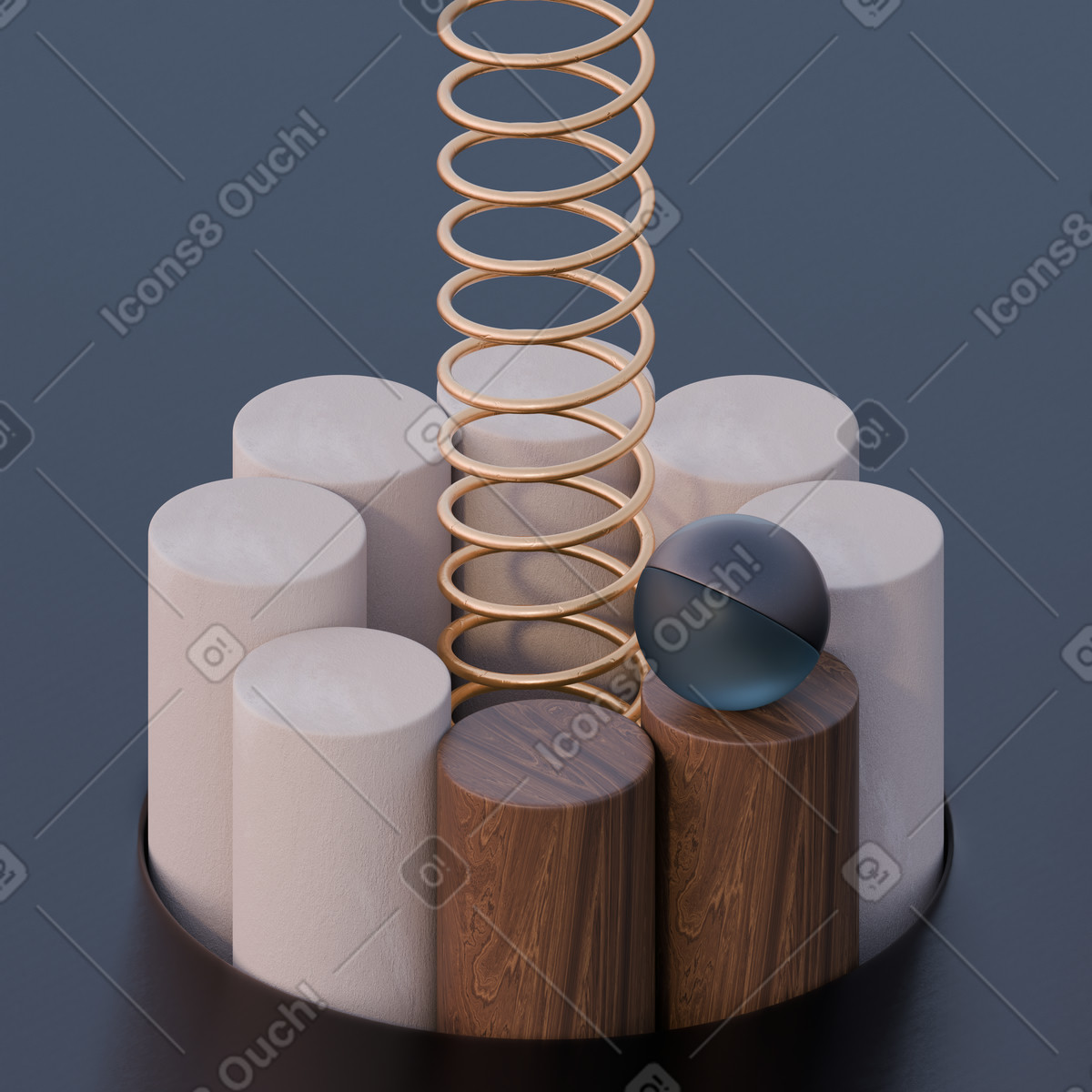 Illustration Cylindres minimalistes avec spirale verticale et sphère dans le style 3D Luxe à télécharger aux formats PNG, SVG