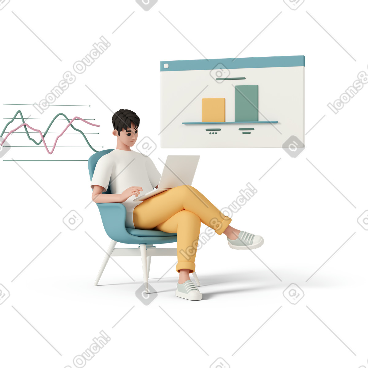 下载 3D Casual life 风格的 Man using laptop with statistics chart on background 插画，支持 PNG、SVG 格式
