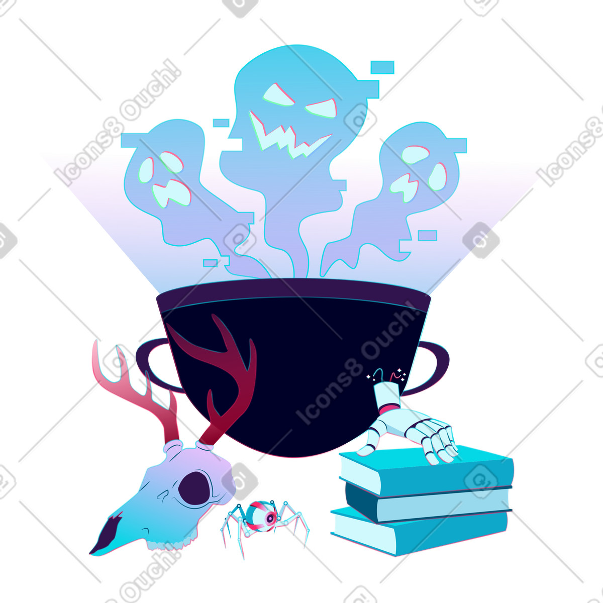 Calderone di halloween con teschio cervo e mano robotica illustrazione in stile Neon scarica in PNG, SVG