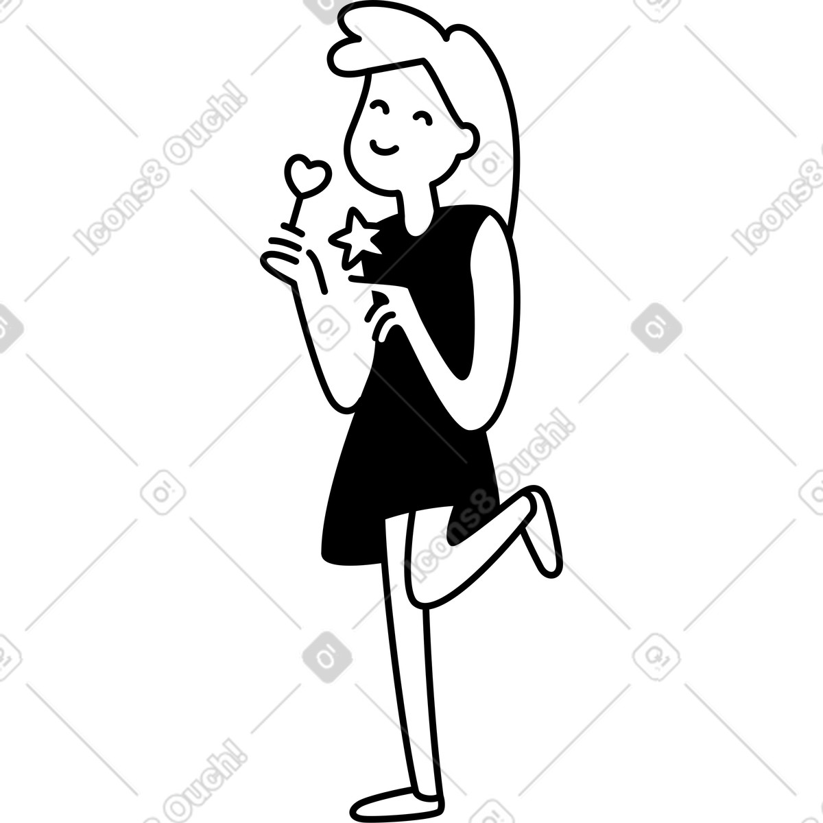 下载 Notion Line Art 风格的 Woman holding heart and star decorations on celebration party sticks 插画，支持 PNG、SVG 格式