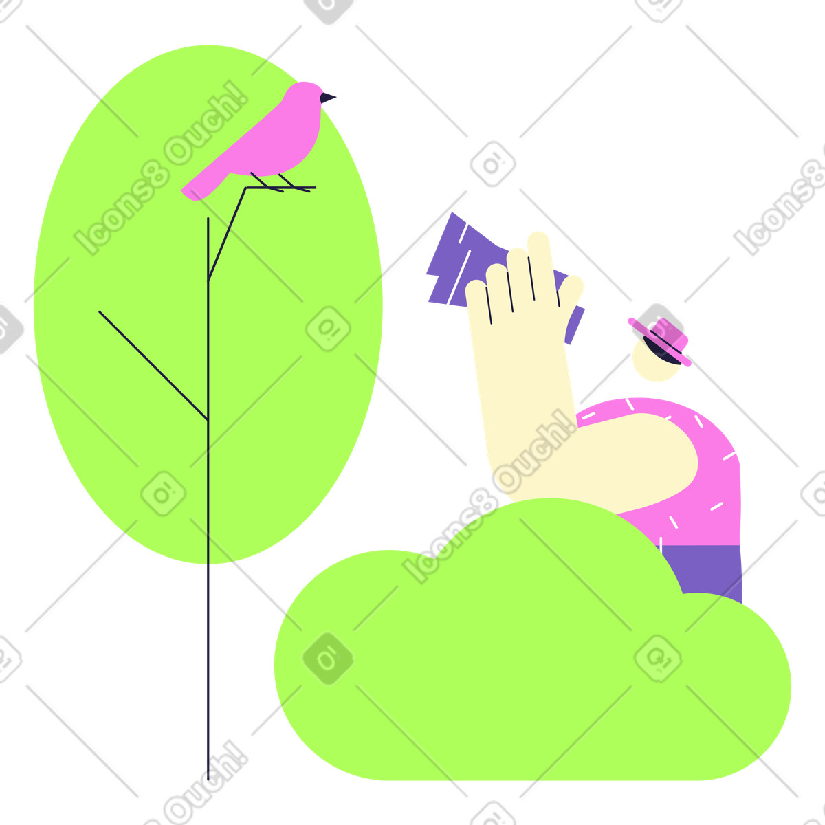 Иллюстрация Man sitting in bush and watching a bird on tree with binoculars в стиле Mellow — скачать в форматах PNG, SVG