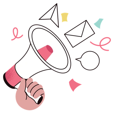 A megaphone with messages and icons around it - Delight style illustration