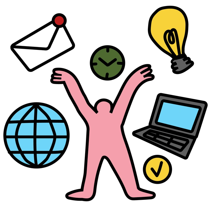 A person celebrating surrounded by icons of communication - Wiggle style illustration
