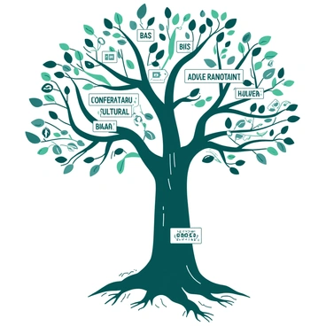 A large tree with a wide trunk stands prominently in the center of the image. The roots of the tree are visible above the ground, each one labeled with different biases in clear, bold text. The labels include terms like "confirmation bias," "cultural bias," and "anchoring bias." The branches of the tree extend outwards in various directions, creating a dense canopy overhead. Each branch is adorned with leaves, and a few small birds can be seen perched on some of the branches, adding life to the scene. The overall setting conveys the interconnectedness of these biases.