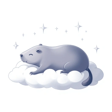 A capybara is lying comfortably on a fluffy cloud. The capybara has its eyes closed and appears calm, with its fur slightly ruffled by a gentle breeze. Surrounding the cloud, several stars are twinkling, adding a sense of tranquility to the scene. The overall composition conveys a serene atmosphere, with the capybara situated at the center of attention on the soft, white cloud.