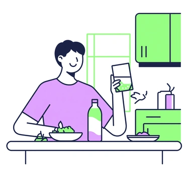 A person is seated at a kitchen table, holding a glass filled with clear water. They are seen with short hair and wearing a comfortable t-shirt and pants. In front of them, there is an open bottle of water. The kitchen features wooden cabinets and a window that lets in soft light. On the table, there is a small bowl with a few fresh herbs next to a plate. The person appears to be taking a moment to relax as they drink the water, with a calm expression on their face.