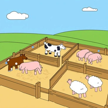 A bright and colorful farm scene with several distinct animal pens. The first pen contains three cows, each with unique markings, standing next to each other. The second pen features six pigs, all happily rooting around in the straw. In the third pen, there are four sheep, each with fluffy white wool, grazing calmly. The pens are surrounded by a wooden fence, and each pen has a sign with the number of animals inside. The sky above is clear blue with a few fluffy white clouds, and a green field stretches in the background.
