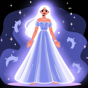 Priscilla stands with her eyes wide open, glowing with a brilliant, ethereal light. Her long hair cascades around her shoulders, shimmering with a faint halo effect. A mystical aura surrounds her, with swirling colors of blue and purple radiating from her figure. In the background, faint, translucent shapes of mythical creatures and celestial objects can be seen, enhancing the otherworldly atmosphere. Priscilla is dressed in an elegant gown that flows gracefully around her, adorned with subtle sparkles that blend into the surrounding magic.