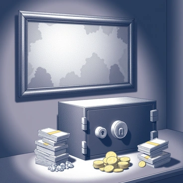 A dimly lit room in a mafia hideout. The focus is on a large vintage painting hung prominently on the wall. The edges of the painting are slightly lifted, revealing the outline of a hidden safe behind it. The safe is made of heavy metal with a combination lock prominently displayed. Surrounding the safe are various treasures, including gold coins, stacked bundles of cash, and sparkling jewelry, all carelessly placed as if recently retrieved. The atmosphere is tense, with shadows casting across the room, hinting at the secrecy and danger intrinsic to the mafia setting.