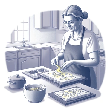 An elderly woman is standing in a cozy kitchen, surrounded by warm wooden cabinets and a rustic dining table. She has gray hair tied back in a bun and is wearing a floral apron. Her hands are skillfully layering sheets of phyllo dough, brushing each with melted butter. A bowl filled with chopped nuts and spices sits nearby, and she is sprinkling the mixture evenly over the dough. A small pot on the stove simmers gently, filled with syrup waiting to be drizzled over the finished baklava. The warm light from the window casts a soft glow on the scene, highlighting the woman’s focused expression and the homely atmosphere.