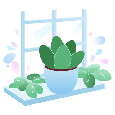 A small potted succulent with thick, fleshy leaves is positioned on a windowsill. The pot is ceramic and has a simple design. Surrounding the succulent are lush green leaves that have a variety of shapes and sizes, creating a vibrant contrast. Sunlight filters through the window, casting gentle shadows on the surface of the windowsill. In the background, hints of soft pastel colors can be seen, adding a serene ambiance to the scene.