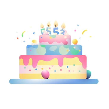 A round, multi-tiered birthday cake is displayed on a bright white plate. The cake is decorated with layers of icing in various shades of blue, pink, and yellow. Each layer is adorned with colorful sprinkles and edible decorations. At the top of the cake, there are several lit candles arranged in the shape of the numbers "5" and "3," glowing softly. A few small, colorful balloons are scattered around the base of the cake, adding to the festive atmosphere. The background features subtle hints of confetti in different colors, enhancing the celebratory mood.