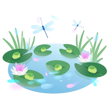 A freshwater pond is surrounded by lush greenery and tall grass. Numerous lily pads float on the surface of the water, some with vibrant pink and white flowers. Several frogs are resting on the leaves, their green bodies blending with the colors of the pads. Dragonflies with iridescent wings are buzzing above the pond, creating a lively atmosphere. The water reflects the gentle ripples created by the movement of the dragonflies and the frogs.