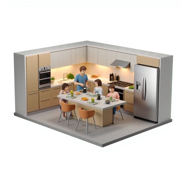 A modern kitchen with sleek cabinetry and a large island in the center. The kitchen features Samsung appliances, including a stainless steel refrigerator, a built-in oven, and a sleek cooktop. A family of four is present in the kitchen, with a woman chopping vegetables on the countertop, a man stirring a pot on the stove, and two children setting the dining table with plates and utensils. Warm lighting illuminates the space, highlighting the vibrant colors of the fresh ingredients on the counter. The overall atmosphere is lively and inviting, showcasing a sense of togetherness and collaboration in cooking.