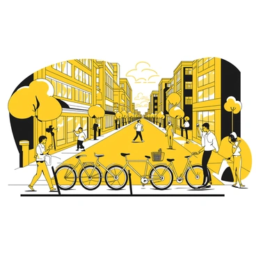 A busy city street filled with people walking and chatting. Numerous buildings line both sides of the street, showcasing a mix of modern architecture. There is a sleek bike rack at the forefront, holding a row of bicycles, each with distinct designs and features. The bicycles are positioned neatly, with some having baskets attached to the front. Various pedestrians pass by, some are carrying shopping bags, while others are checking their phones. The street is well-lit, and a few trees provide greenery along the sidewalk.