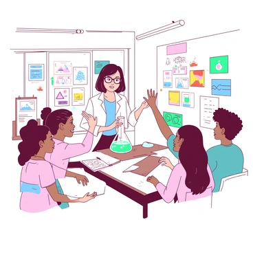 A white classroom filled with colorful posters showcasing scientific concepts. A teacher with short brown hair and glasses is demonstrating a fun science experiment at the front. She holds a clear beaker filled with a teal bubbling liquid, while her students, a diverse group, are excitedly watching. One student is raising a hand, eager to ask a question, while another is jotting down notes in a pink notebook. The teacher's enthusiasm is evident as she gestures toward the beaker, and the bright overhead lights illuminate the scene.