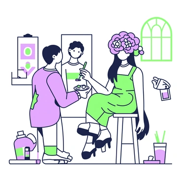 An artist is standing in front of a canvas, actively painting a portrait. The canvas features a model sitting gracefully on a stool. The model has long flowing hair and is wearing an oversized and lush flower crown, which is decorated with various large flowers. The artist, dressed in a smock, is holding a brush and mixing colors on a palette. Surrounding the artist are scattered paint tubes and brushes. Natural light is coming from a nearby window, illuminating the scene.