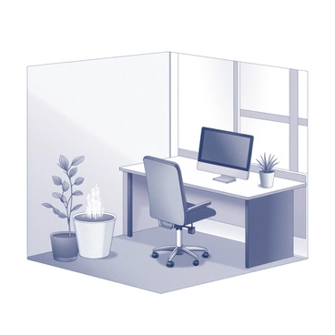 A minimalist workspace featuring a simple, clean desk with a sleek computer and a single potted plant. The desk is positioned near a small indoor fountain, which has gently flowing water creating a soothing sound. The walls are bare with no clutter, and there is a comfortable chair placed at the desk. Natural light streams in through a nearby window, enhancing the overall tranquility of the space.