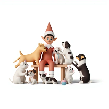An elf on the shelf, dressed in a red and white outfit with a matching pointed hat, is sitting on a small wooden table. The elf has a cheerful expression, with bright blue eyes and a mischievous smile. Surrounding the elf are a group of five adorable puppies, featuring a fluffy golden retriever, a tiny dachshund, a playful beagle, a curious pug, and an energetic border collie. Each puppy is engaged in playful antics, with one puppy playfully tugging on the elf’s hat, while another is sitting with its head tilted to the side. Nearby, three kittens are also frolicking; a striped tabby is batting at a small ball of yarn, a fluffy white kitten is curled up next to the elf, and a playful calico is trying to climb onto the elf's shoulder. The scene conveys a sense of joyful playfulness with a cozy holiday atmosphere.