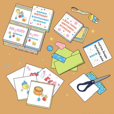 A wooden table with a smooth surface, covered in an array of colorful handmade birthday invitations. Each invitation features unique designs, including bright balloons, cheerful cake illustrations, and playful confetti patterns. Some invitations are stacked neatly, while others are partially unfolded, showcasing their vibrant colors. Beside the invitations, there is a small pile of colorful envelopes, ready for mailing. A pair of scissors and a roll of decorative washi tape are placed nearby, indicating the crafting process. A few stray glitter particles glisten on the table, adding to the festive atmosphere.