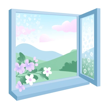 A large window with intricate "ahki patterns" etched into the glass is prominently displayed. The glass lets in soft, diffused light that creates gentle shadows on an elegantly designed windowsill. Outside the window, a peaceful landscape is visible, featuring rolling hills and lush greenery. The sky is filled with gradient pastel colors of pink, lavender, and light blue, softly blending into one another. Delicate flowers in soft hues are blooming in the foreground, accentuating the tranquil scene outside.