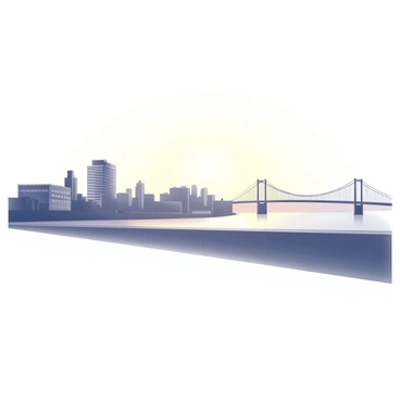 A panoramic view showcasing the skyline of Dundee during sunset. The skyline features a mix of modern and historic buildings, with distinctive architectural shapes rising against the sky. In the background, the Tay Rail Bridge stretches across the river, characterized by its strong, elongated structure. The silhouette of the bridge is prominent as the sun sets, casting elongated shadows. The atmosphere captures the transition of light as the day turns to evening, with the outlines of the cityscape becoming more defined.