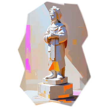 An ancient sculpture depicting a figure with intricate details stands prominently. The figure has a regal pose, adorned with ceremonial garments that showcase elaborate patterns. The surface of the sculpture exhibits various textures, highlighting cracks and weathered features that indicate its age. Vivid contrasts accentuate the outlines of the sculpture, emphasizing its form and structure, making the historical aspect visually striking. The sculpture is presented against a contrasting background that draws attention to the artistry and craftsmanship of the piece.